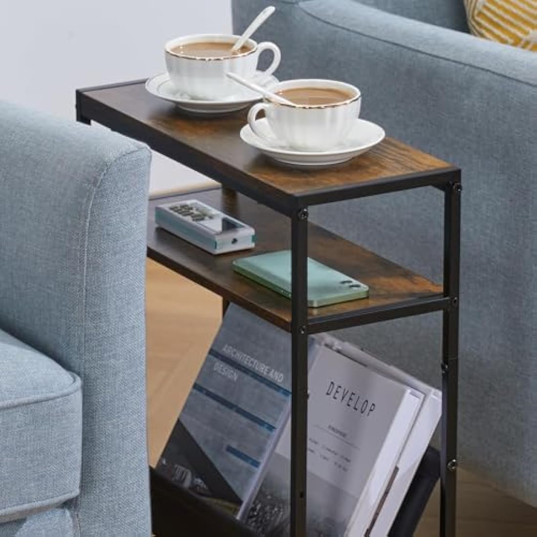 ZEXVIDA Small End Table for Small Spaces - Slim Side Table with Magazine Holder,2 in 1 Design Narrow End Table Living Room,Skinny Bedroom Nightstand Thin Side Magazine Table (Rustic Brown)