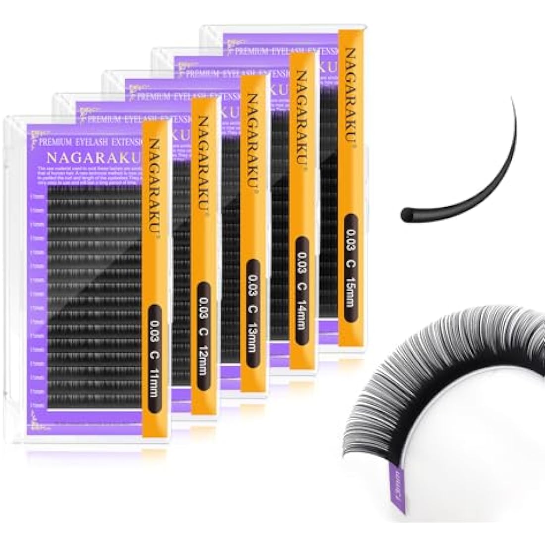 NAGARAKU 5 Trays Eyelash Extensions Supplies Classic 1:1 Lashes Individual Volume Lash Extensions Soft Single Natural Eyelashes Matte Black 16 Rows (0.03mm C Curl 11/12/13/14/15mm in 1 Pack)