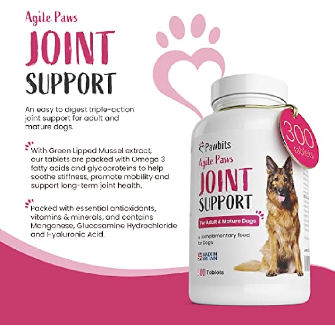 Pawbits 300 Adult Senior Dog Hip & Joint Supplements for Older Mature Dogs. High Strength Green Lipped Mussel Supplement for Elderly Dogs with Stiff Joints - Glucosamine, Vitamin C & E