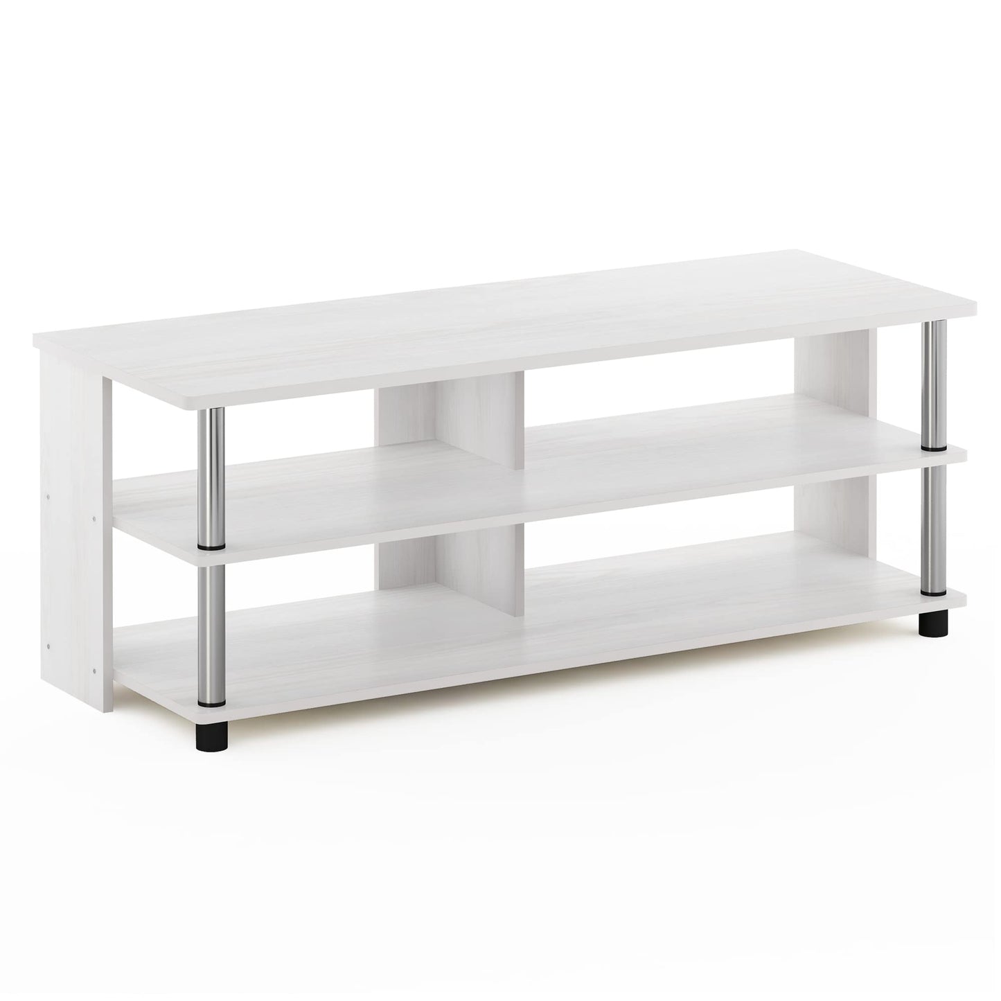 Furinno SULLY TV Stand, 3-Tier Entertainment Center, TV Console for TV up to 48 Inch, for Living Room, Bedroom, White Oak/Stainless Steel Tubes