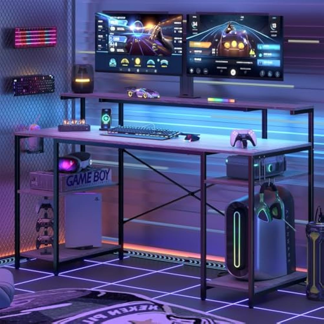 Bestier 140 CM Computer Desk with Power Outlets & LED Lights with Monitor Shelf Gaming Desk with Shelves Writing Desk with Storage Office Desk &Workstation for Home Office Bedroom