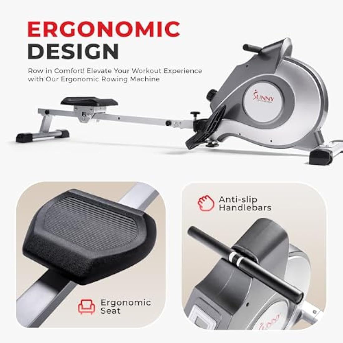 Sunny Health & Fitness Magnetic Rowing Machine with LCD Display for Home Exercise, Foldable and Compact Rowers with Transport Wheels, Full Body Workout Equipment For Home Gym, Optional Extra Long Rail