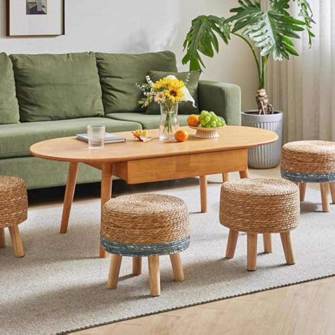 YMYNY Footstool Natural Seagrass Hand Weave, Pastoral Style Footrest, Padded Foot Rest with Non-Skid Pine Legs, Wooden Sofa Stools, for Living Room, Bedroom, 32×32×32CM, Natural Color HBD027N