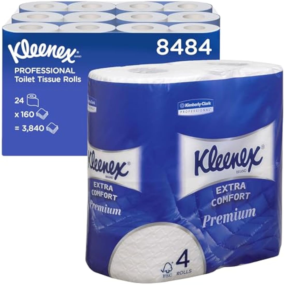 Kleenex Toilet Roll 8484 4-Ply Premium Quilted Toilet Paper, Soft, Flushable, FSC Certified, Luxury Bathroom Tissue, 24 Rolls x 160 Sheets (3,840 Sheets Total)