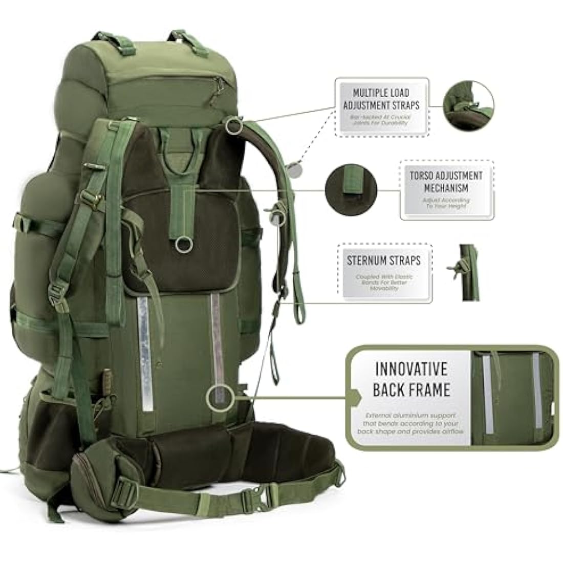 Tripole Colonel Pro Metal Frame Rucksack | Front Opening | Detachable Bag | Rain Cover (105 Litres, Army Green)