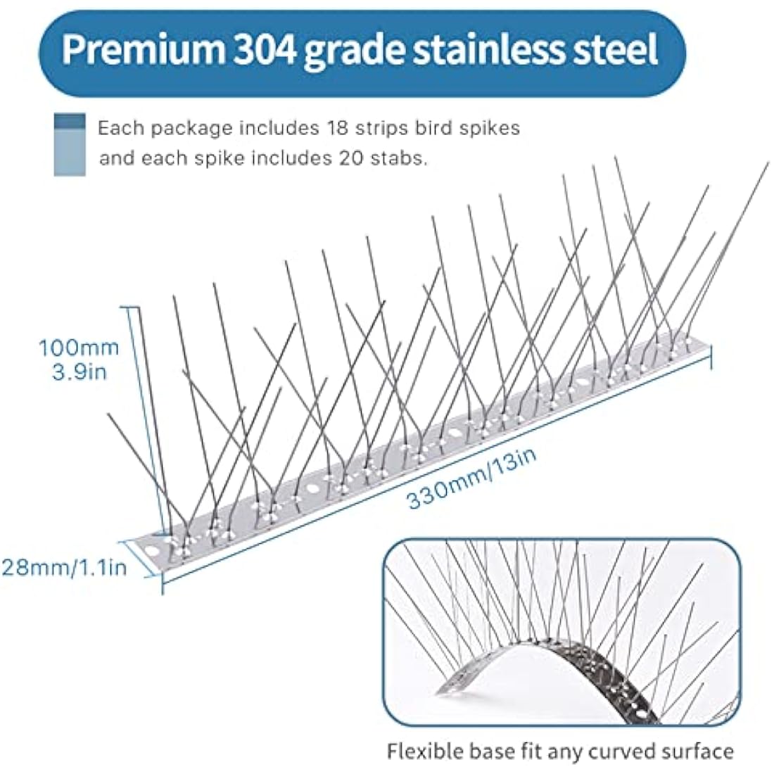 Bird Spikes for Pigeons Small Birds, Pigeon Spikes Kit Cover 6M (20 feet), Fence Spikes Stainless Steel Bird Deterrent Repellent Spikes for Cats, Birds Control Defence Spikes (18 Pack, Uninstalled)