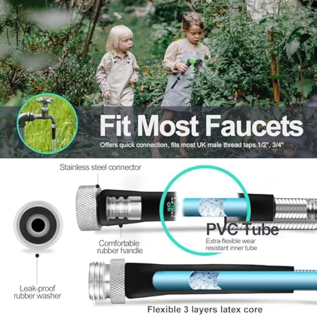 SPECILITE 100ft 304 Stainless Steel Garden Hose, Heavy Duty Flexible Metal Water Pipe with 2 Nozzles for Yard, Outdoor,No Kink and Tangle,Puncture Resistant