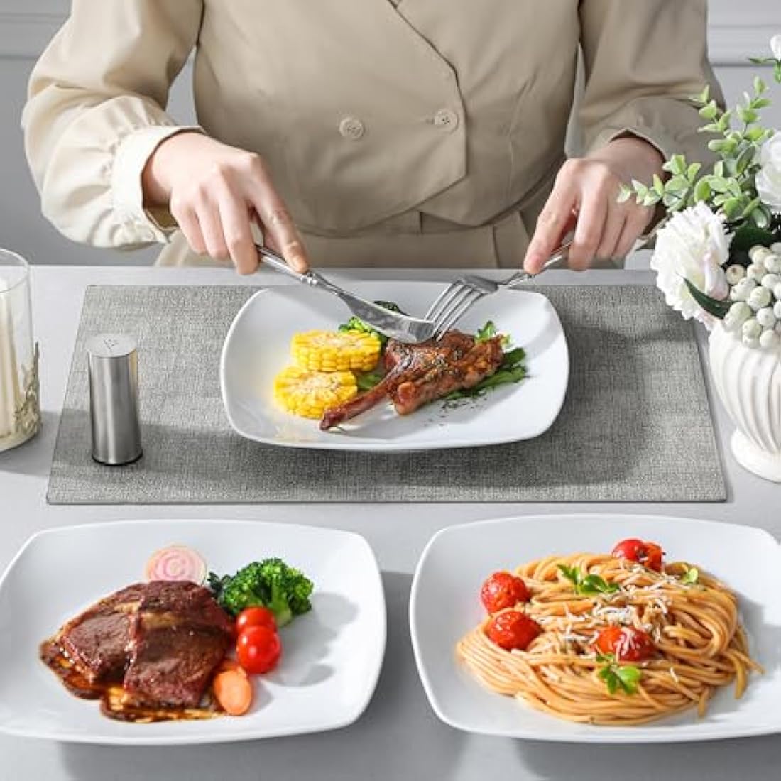 MALACASA, Series Julia, 9.2" Dinner Plates Ivory White Square Porcelain Dinner Plate Set, Pack of 6 (23.5 * 23.5 * 2cm)
