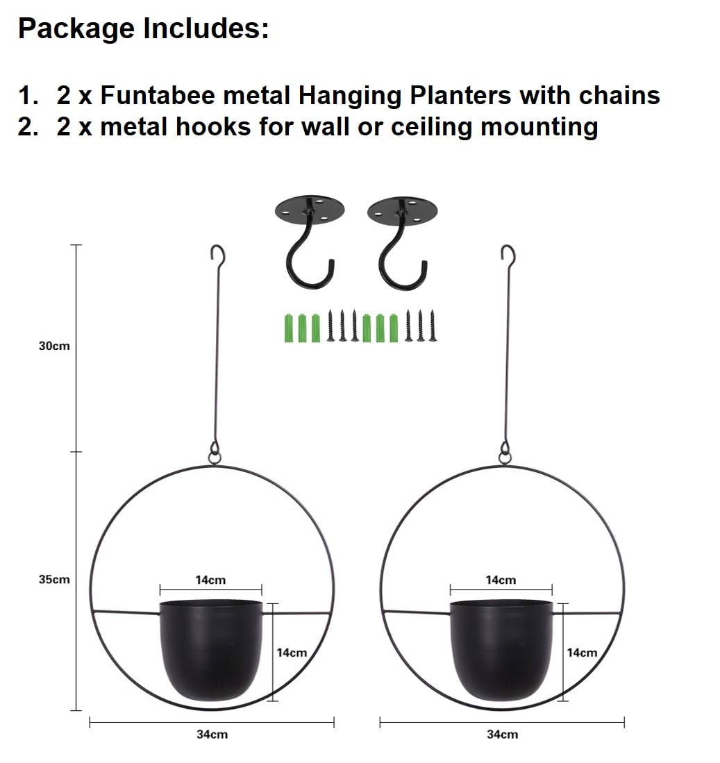 Funtabee 2-Pack Mid-century Modern Hanging Planter, Black Metal Wall Hanging Planter Indoor, Hanging Flower/Plant Pots, Metal Hanging Baskets/Plant