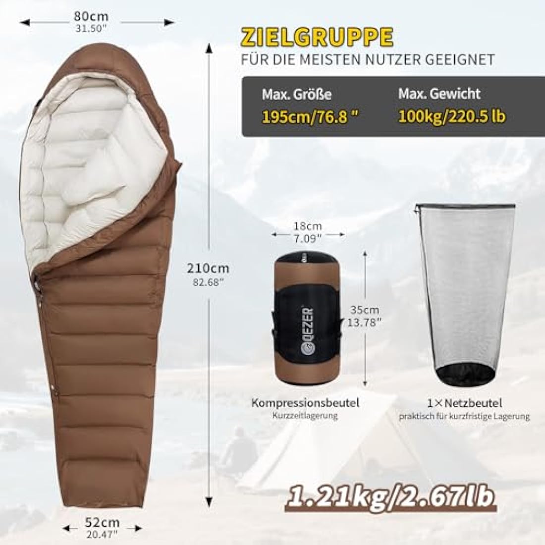 QEZER Winter Sleeping Bag for Adults, Lightweight Down Sleeping Bag -20 Degree C for Cold Weather Camping and Mountaineering Outdoor with 660 FP Duck Down