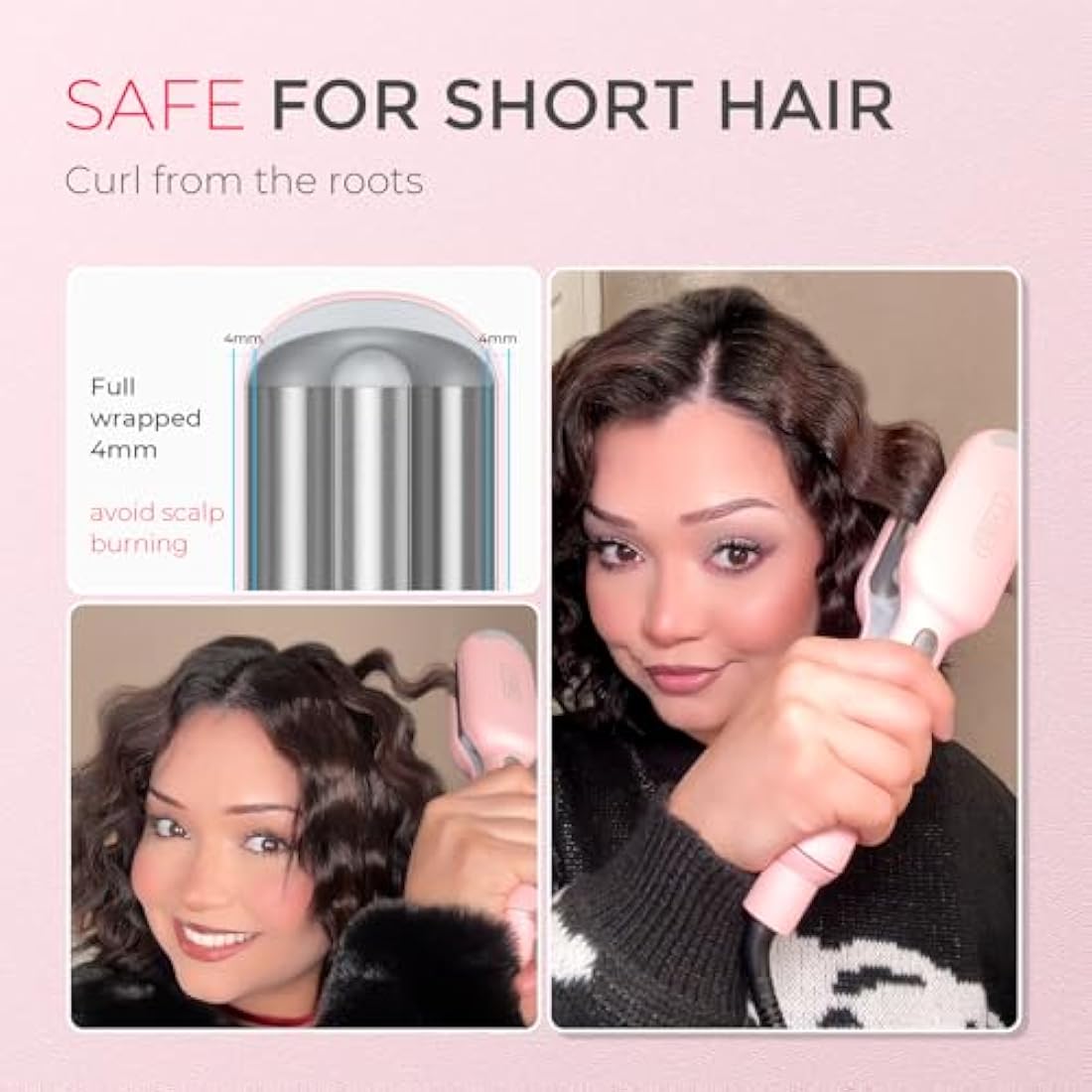TYMO ROVY Hair Waver Crimper - Hair Curler, Deep Waver Curling Iron, Ionic Curling Wand with Ceramic Tourmaline Barrel for Women, Anti-Scald, Quick & Easy, Dual Voltage, Pink 25mm