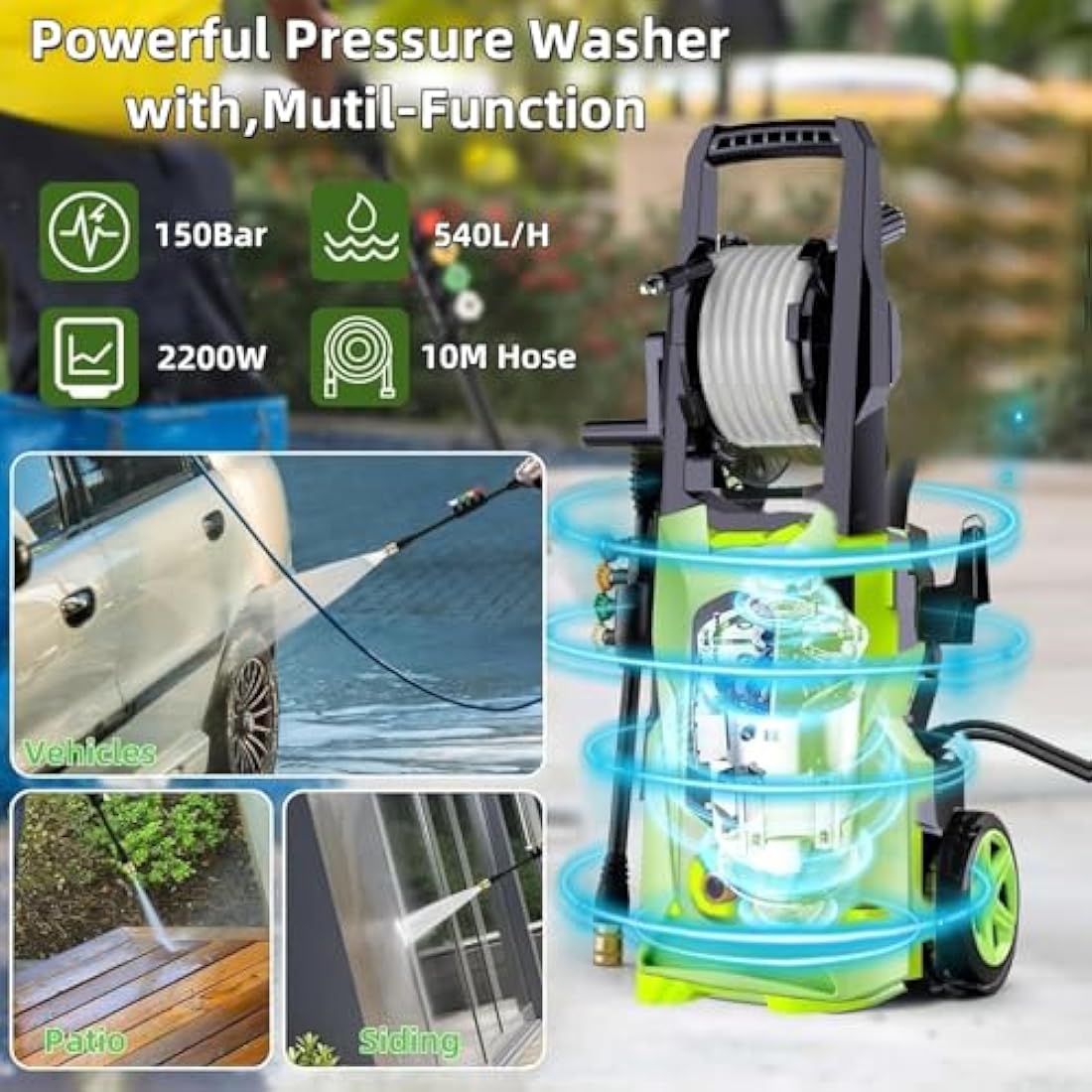 Pressure Washers, 2200W 150Bar High-Pressure 540L/H Flow Rate Jet Washers/Pressure Washers with Adjustable Nozzle &10m Hose, Electric Power Pressure Washer for Cleaning Cars, Driveways, Patios, Fences