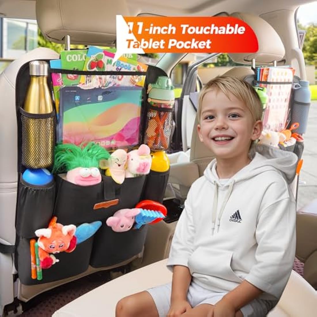 SURDOCA UPGRADED Car Seat Organiser for up to 11-inch Tablet Holder, 8 Pockets, Kids Toy Storage, Water Proof Back Seat Protector for Kids