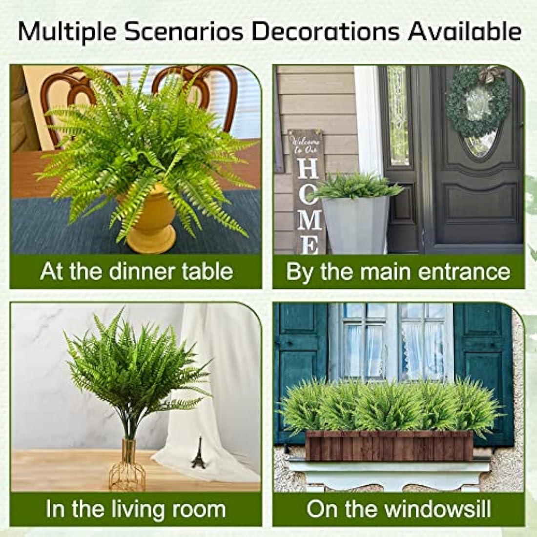 ToKinCen 12Pcs Artificial Fern Outdoor Faux Fern Plants Fake Boston Fern Plants Plastic Greenery Bushes Shrubs Bundles Patio Basket Pot Hanging Garden Planter Indoor Outside Decor
