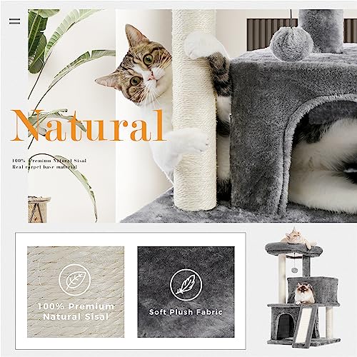 PETEPELA Cat Tree 86cm Cat Tower with Double Condos, Removable Spacious Perch, Fully Wrapped Scratching Sisal Posts, Replaceable Dangling Balls, 35