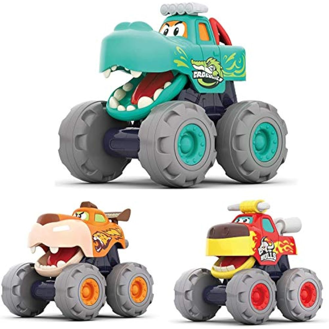 MOONTOY Monster Truck Car Toy Set for 1-3 Years, 3-Piece Cartoon Monster Truck Toy Cars, Red, Blue, Green