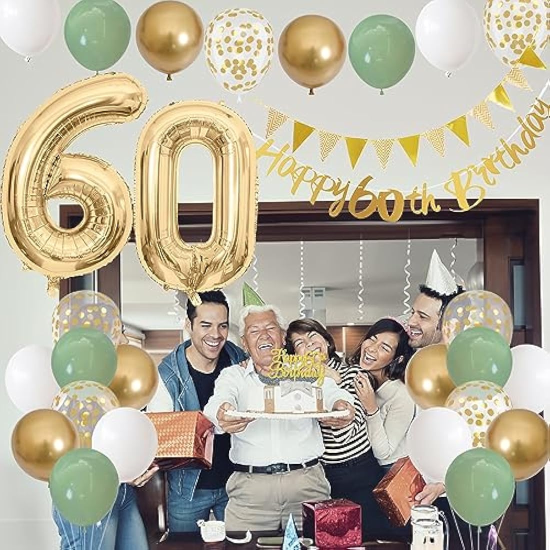 Jobkoo 60. Geburtstag Deko Salbeigrüne Banner 60 Geburtstag Girlande Zahl 60 Luftballons Geburtstag Tortendeko Grün Weiß Gold Party Ballons 60.ter Geburtstag Dekoration 60. Grün Gold