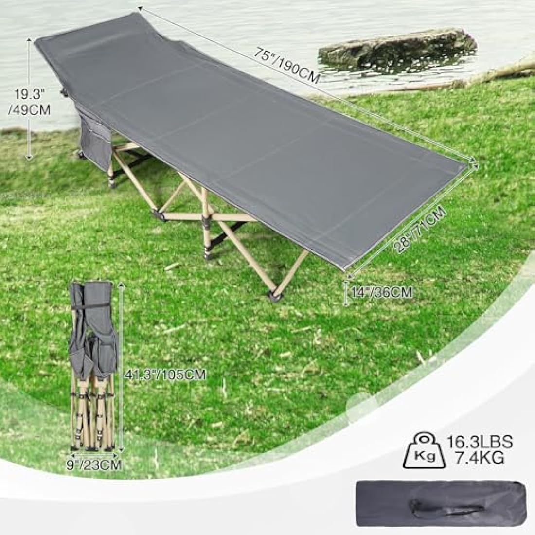 REDCAMP Folding Camping Beds for adults, Heavy Duty Sturdy Camp Bed with Thick and Soft Mattress, Stronge Thicker Tubes Sleeping Bed Outdoor Travel Office, Grey with Thicker Pad