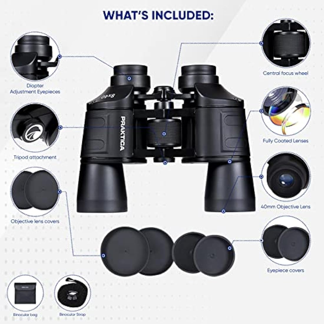 Praktica Falcon 8x40mm Porro Prism Field Black Binoculars - Fully Coated Lenses, Sturdy Construction, Aluminium Chassis, Sharp Clear Image, Bird Watching, Sailing, Hiking, Sightseeing, Astronomy