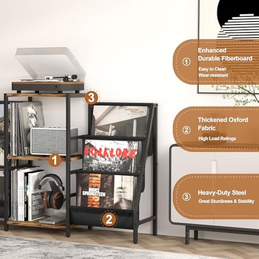Bikoney Record Player Stand with 280 Album Vinyl Storage, Turntable Cabinet with CD Rack Media Console for Home Audio, Stereo & Vinyl Record Display