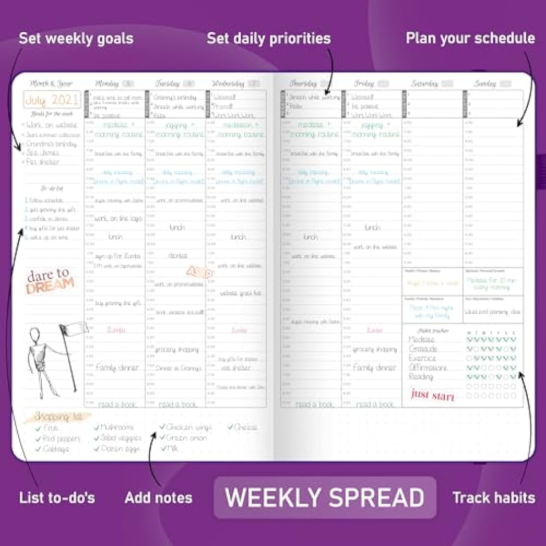 GoGirl Weekly Schedule Planner – Hourly Work & Life Planner with Time Slots – Vertical Agenda Organizer for Daily Productivity, A5 (Purple)