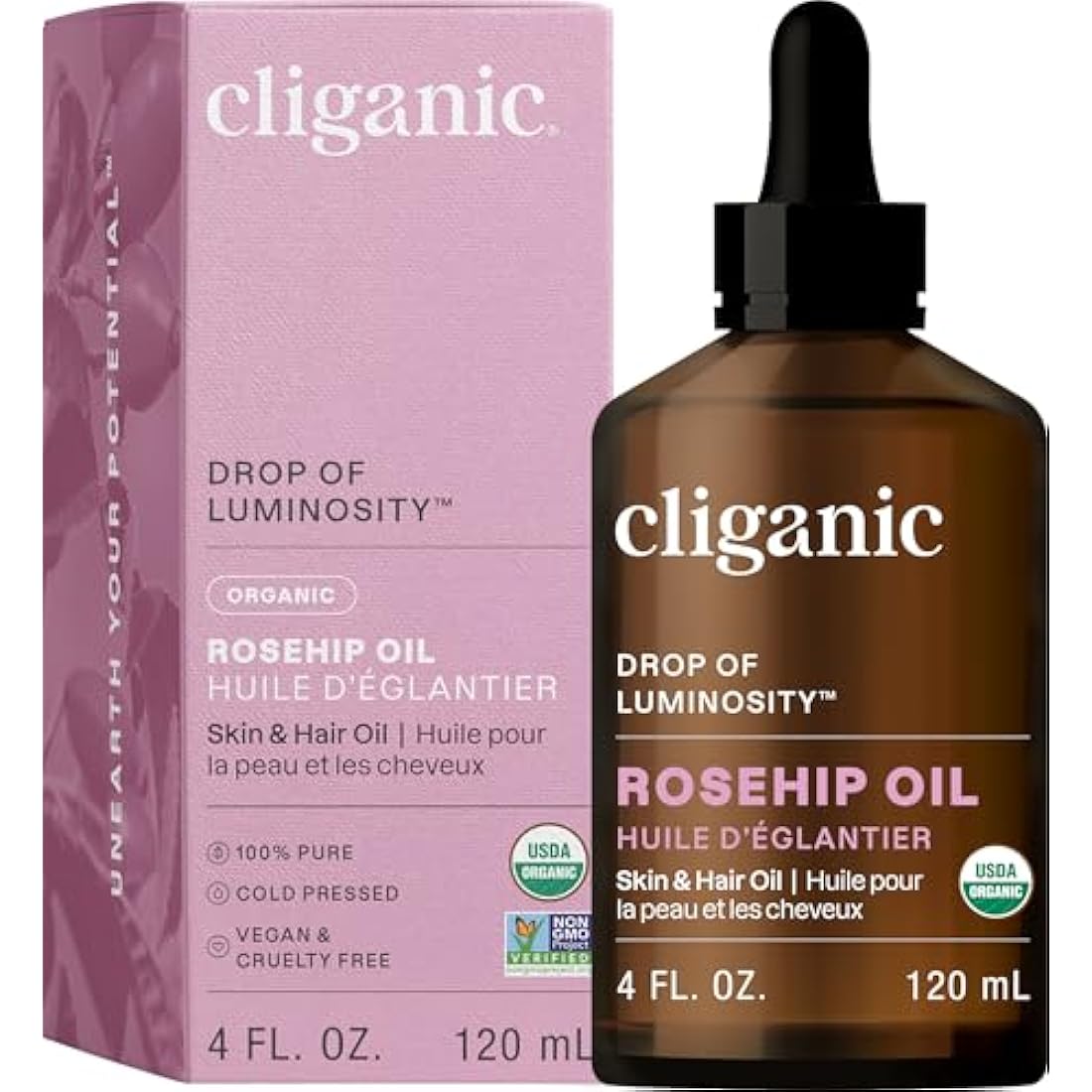 USDA Organic Rosehip Oil for Face, 100% Pure | Natural Cold Pressed Unrefined, Carrier Seed Oil for Skin, Hair & Nails | Certified Organic (120ml) | Cliganic 90 Days Warranty