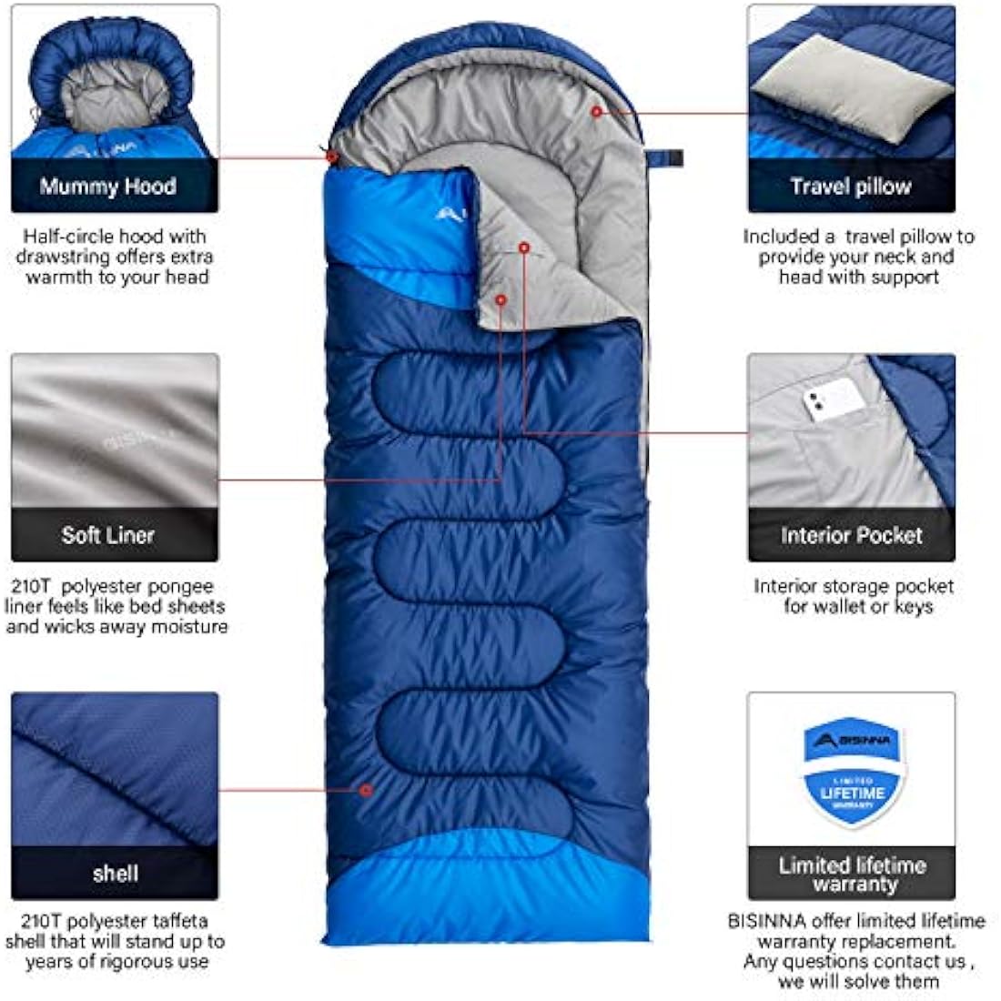 BISINNA Sleeping Bag with Pillow - 4 Season Lightweight Waterproof Warm Sleeping Bag with a compression sack for Adults, Women, Men's Outdoors Camping, Hiking, Backpacking