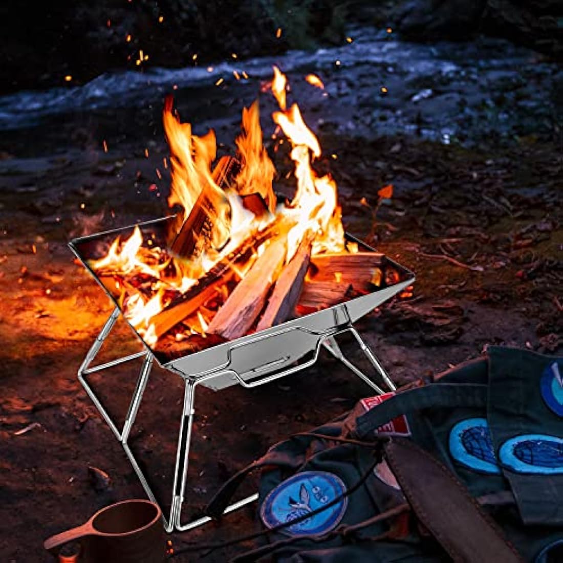 Odoland BBQ Fire Pit Portable Campfire Pit Collapsible Camping Grill Stainless Steel Barbecue for Camping Picnic Terrace Garden w/Carrying Bag L (43 * 43 * 31cm)