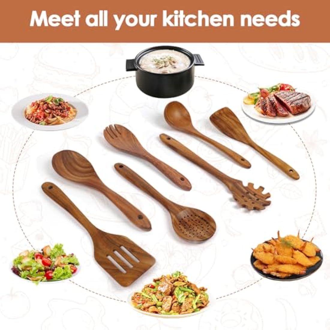comfoyar Teak Wooden Spoons for Cooking, 7 Pieces Kitchen Cooking Utensils Set with Spatula and Ladle, Heat Resistant Kitchen Cookware for Nonstick Pan