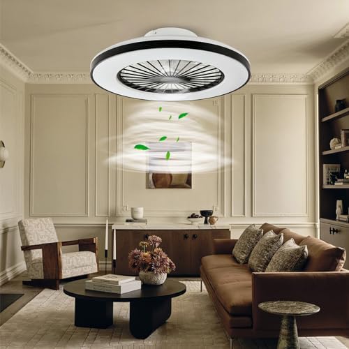 BKZO Modern LED Ceiling Light with Fan, Ceiling Fan with lamp, 24 Ventilation speeds, infinitely dimmable Light for Living Room, Bedroom, Office, 3000-5500 K, (Black Frame 50CM)