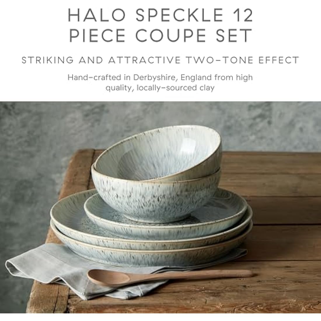 Denby - Halo Speckle Coupe Dinner Set For 4 - 12 Piece Ceramic Tableware - Dishwasher Microwave Safe Stoneware Crockery - Reactive Glaze, Grey - 4 x Dinner Plate, 4 x Medium Plate, 4 x Cereal Bowl