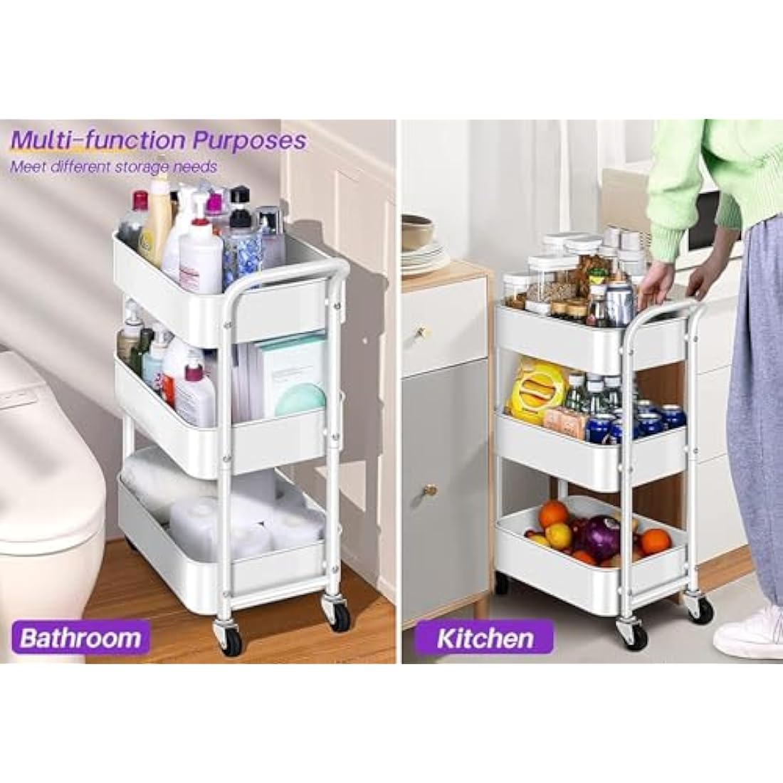 MISSLO Utility Cart 3 Tier Rolling Cart with Wheels and Handle, Under Desk 27" Height Small Metal Storage Trolley Organizer Rack Shelf, Mobile Book Art Cart for Office, Kitchen, Bathroom (White)