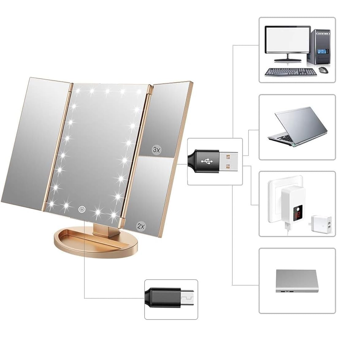 WEILY Tri-Fold Makeup Mirror with 2X/3X Magnifying 21 LEDs, 2 Power Supply Mode, Touch Switch Tabletop Cosmetic Mirror (Gold)