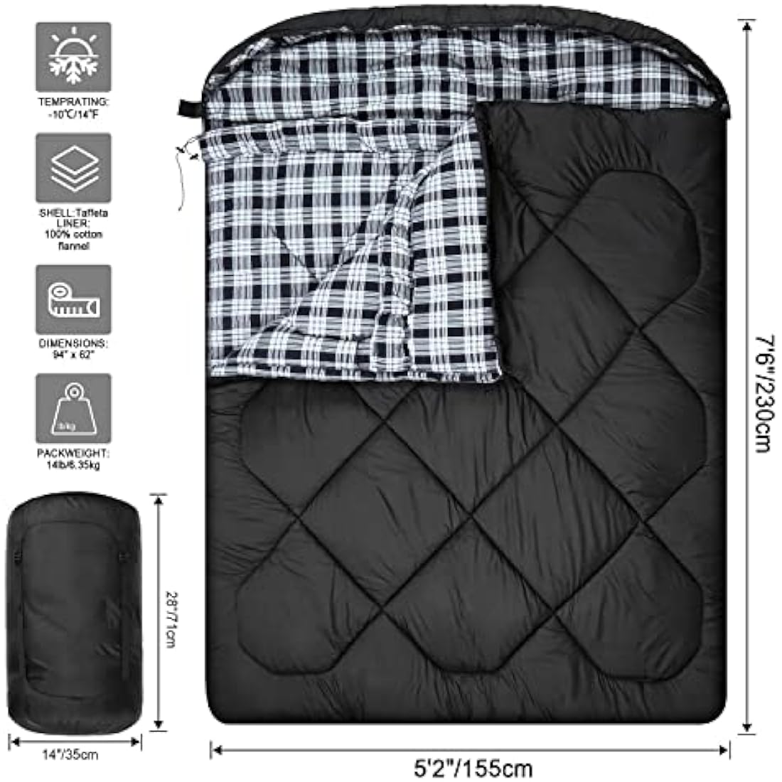 Winter 0 Degree Double Sleeping Bag, Double Wide Queen Size 2 Person Sleeping Bag With 100% Cotton Flannel Lining, Warm And Waterproof For Camping, Fishing or Hunting in Cold Weather