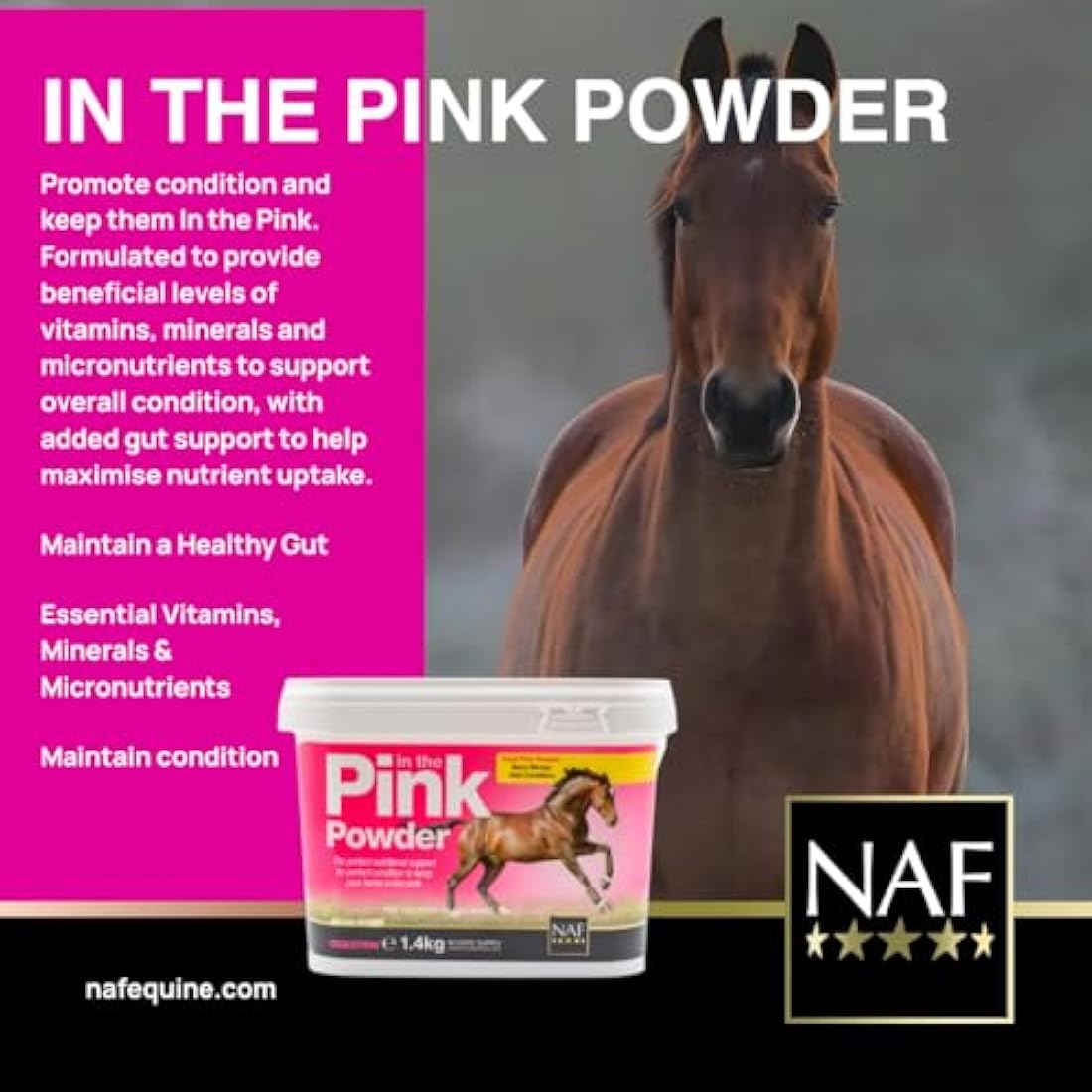 NAF Pink Powder 1.4kg – Nutritional Support for Horses – Prebiotic and Probiotic Supplement with Vitamins and Minerals – Promotes Digestive Health, Condition and Vitality