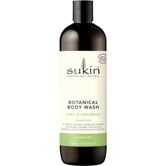Sukin Soap-Free, Lime & Coconut Botanical Body Wash 500ml - stimulates the senses with zesty citrus & Coconut while leaving skin clean and fresh -