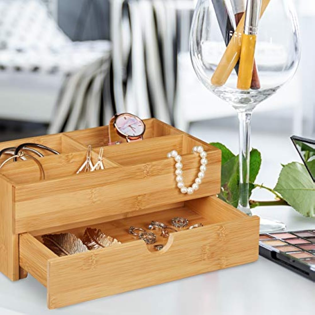 Relaxdays Bamboo Cosmetics Organiser, Multifunctional, 4 Compartments & Drawer, Desk Storage, Natural