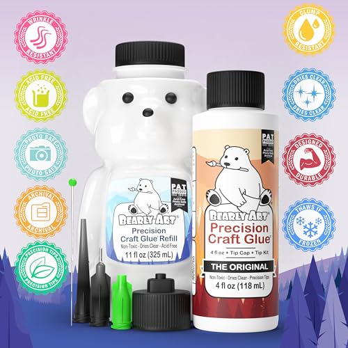 Bearly Art Precision Craft Glue -The Bundle - 4fl oz and 11fl oz Refill Bear - Tip Kit Included - Wrinkle Resistant - Flexible and Crack Resistant - Strong Hold Adhesive - Made in USA