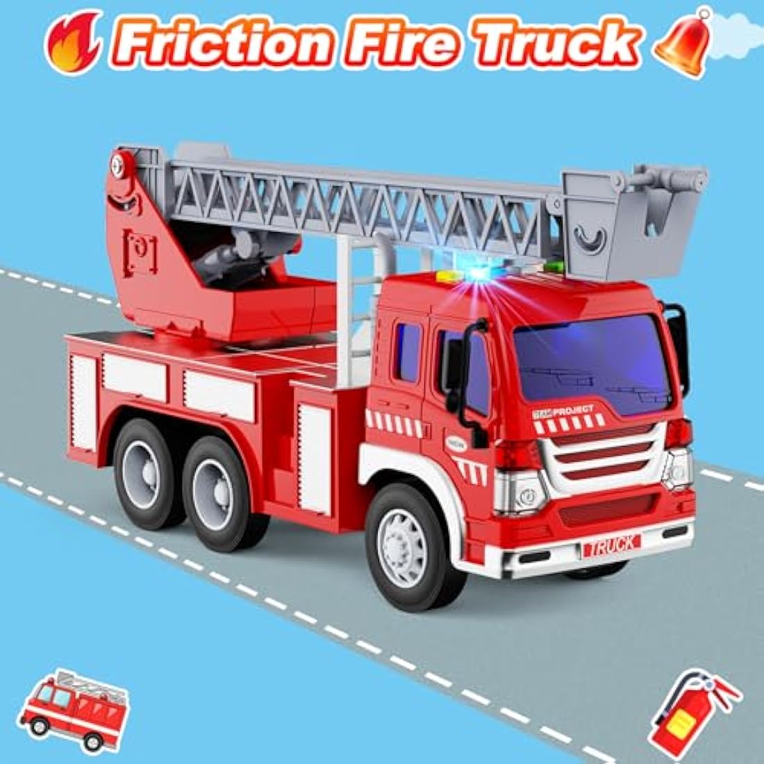 GizmoVine Fire Engine Toys, Fire Truck with Lights Sound Extending Ladder, Friction Powered Large Toy Firetruck, Kids Big Trucks, Brithday for Children Age 3 4 5 6 7 8 Year Olds