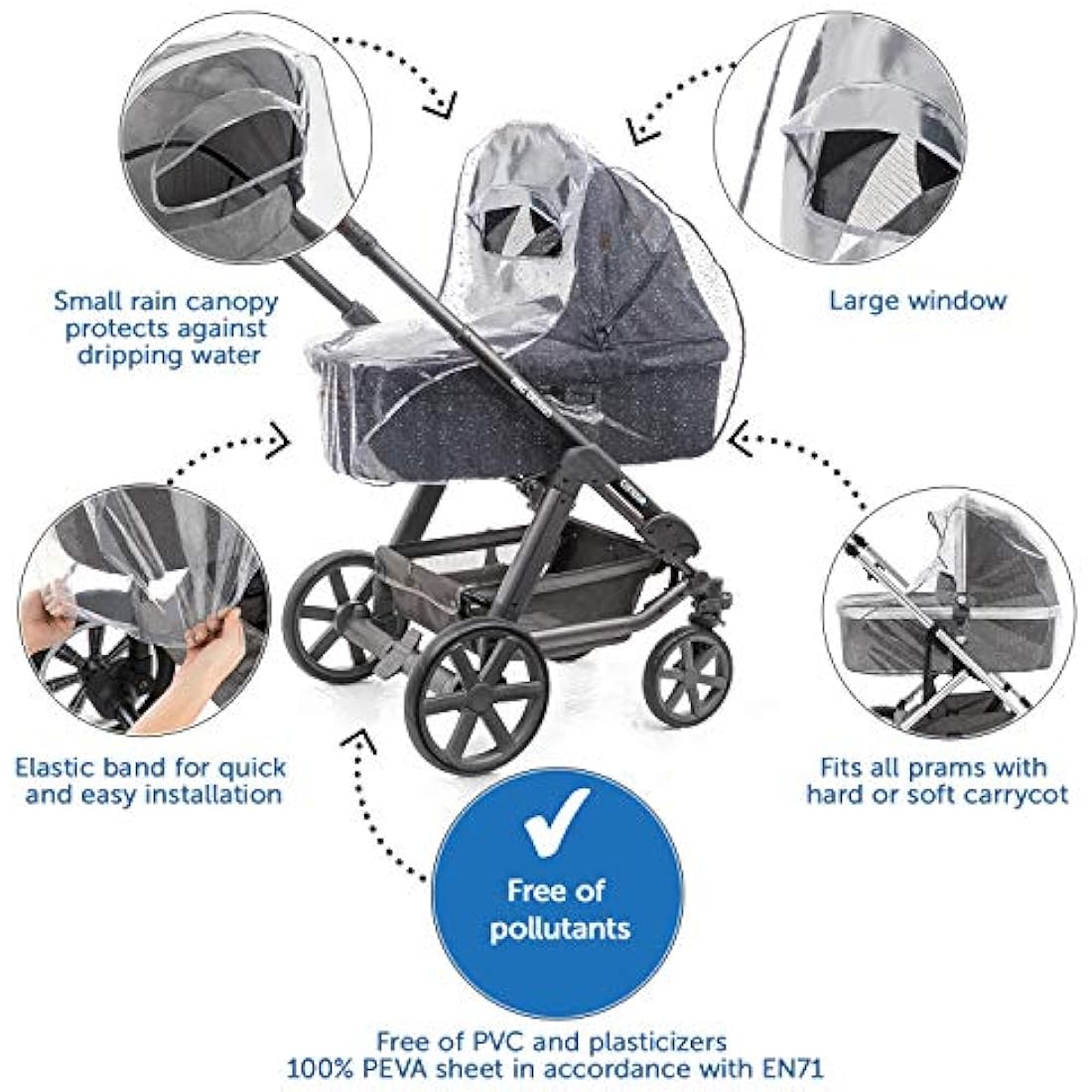 Zamboo Universal Rain Cover for Pram Carrycot (e.g. Hauck, Joie, ABC-Design etc.) | Air Circulating, Water Resistant and Durable Baby Protection Rain Shield (PVC-Free) - Grey