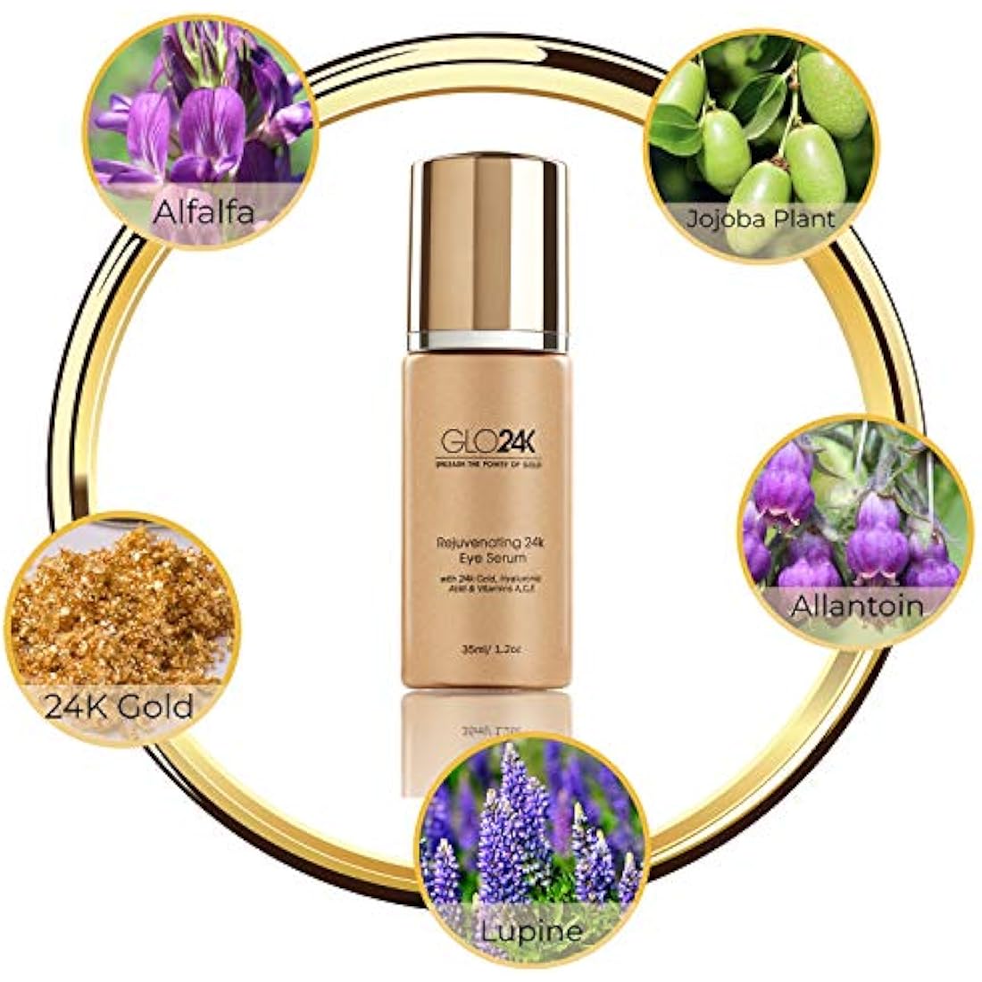 GLO24K Eye Serum with 24k Gold, Anti-Aging Formula with Vitamins and Hyaluronic Acid