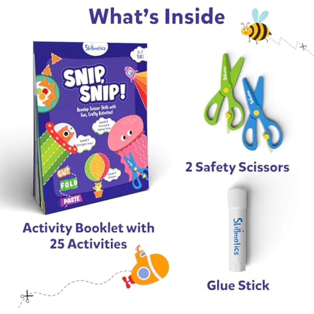 Skillmatics Scissor Skills Activity Book - Snip Snip, 25 Fun Cutting & Creative Activities for Preschoolers, 2 Child-Safe Scissors, Fine Motor Skills Craft Kit, Gifts for Kids Ages 3, 4, 5, 6, 7
