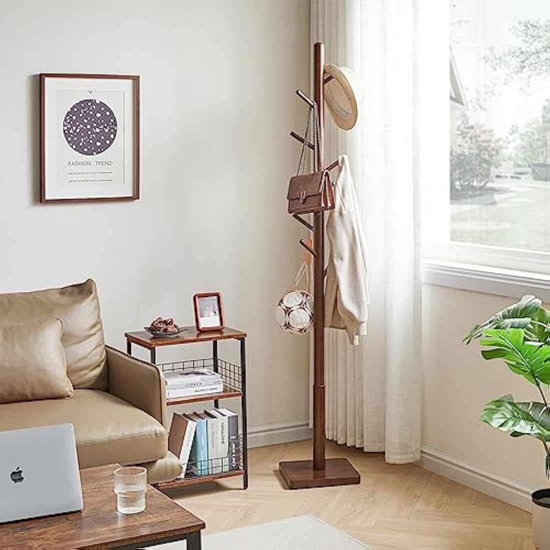 YMYNY Coat Rack Stand with Square Base, Wooden Coat Tree, Hall Tree Free Standing with 8 Hooks, Clothes Stand for Coats, Hat, Handbag, Umbrella, for Office, Hallway, 29 x 29 x 176CM Brown HCR002H