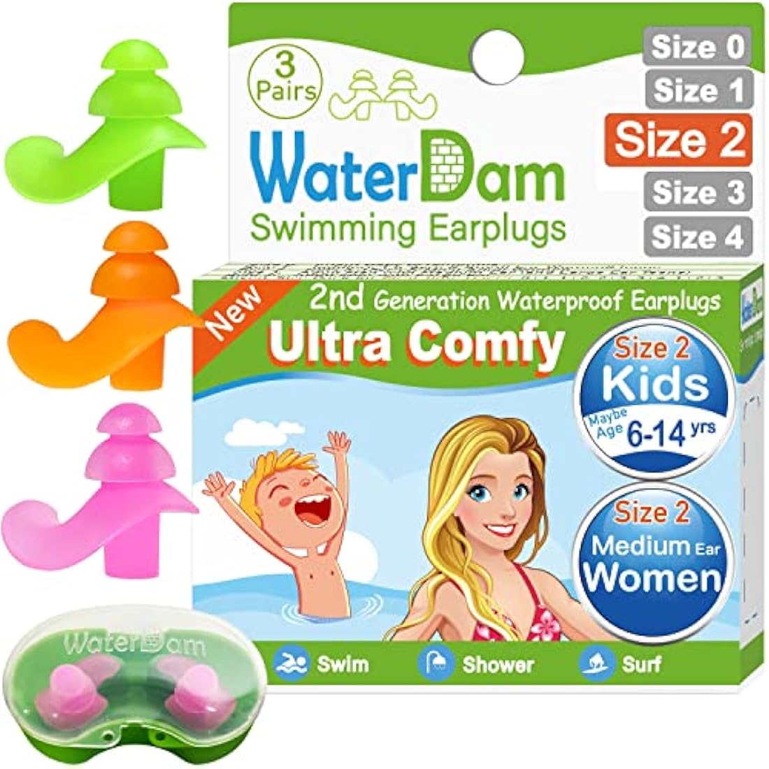WaterDam Swimming EarPlugs Ultra Comfy Great Waterproof Prevent Swimmer'sEar(Size 2+2+2: Kids Teens MediumEar Women SmallEar Men (Green Orange Pink))
