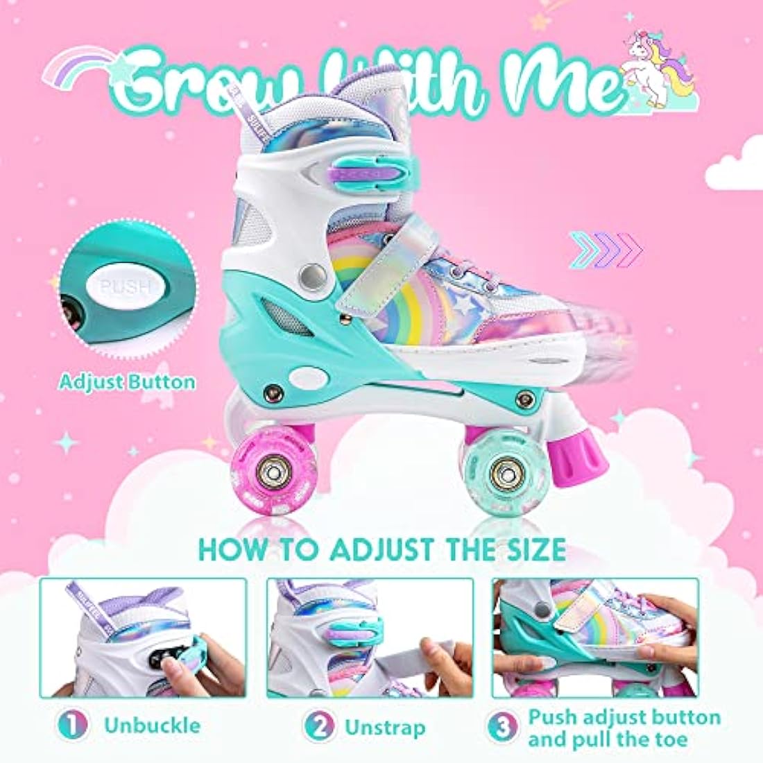 SULIFEEL Adjustable Roller Skates for Kids with Light up Wheels for Girls and Boys Rainbow Unicorn