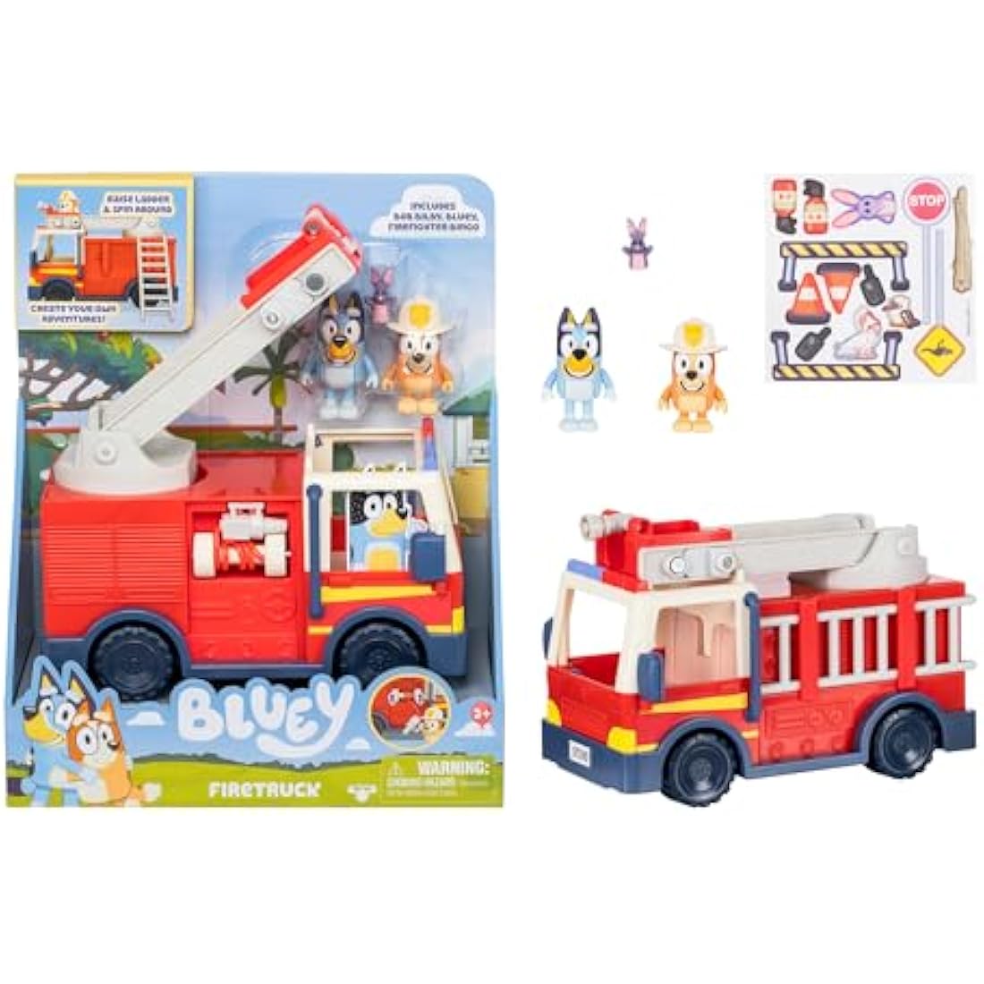 Bluey Firetruck, Firetruck, Exclusive Firefighter Bingo and Bob Bilby Figures Raise The Ladder, Spin It Around and Roll Out The Hose Includes Sticker Sheet