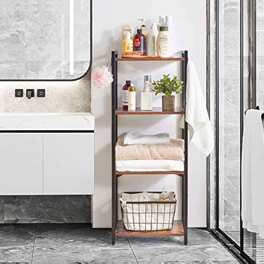YMYNY Bookcase, 4 Tier Storage Rack, Plant Rack, Steel Frame, for Living Room, Office, Study, Hallway, Industrial Style, Rustic Brown and Black HBC004H