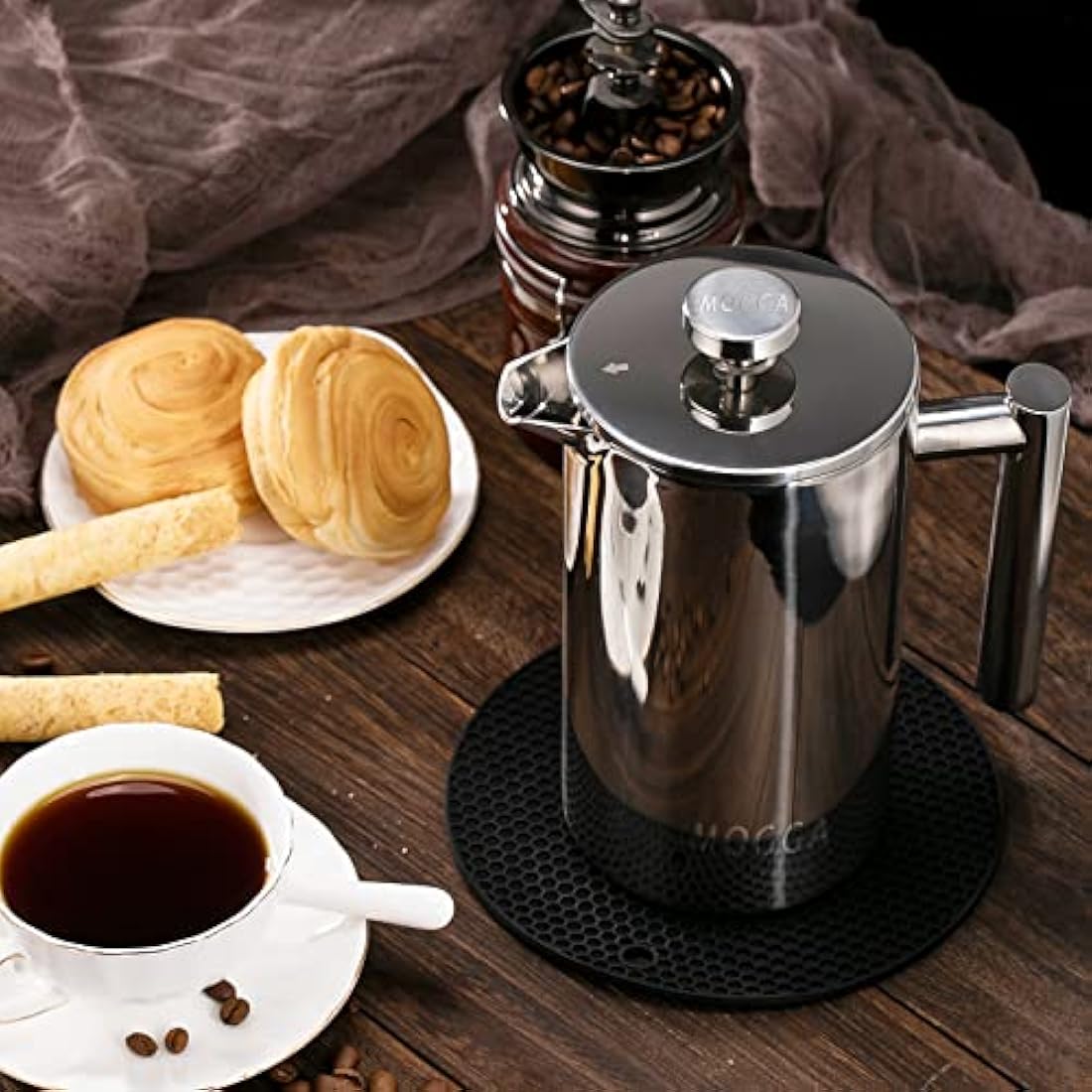 MOGGA Cafetiere 34oz/1000ml Coffee Maker Double Walled Insulated French Press with Silver Color and Large Capacity Stainless Steel Coffee Pot Easy to Use and Clean in Home Office and Camping