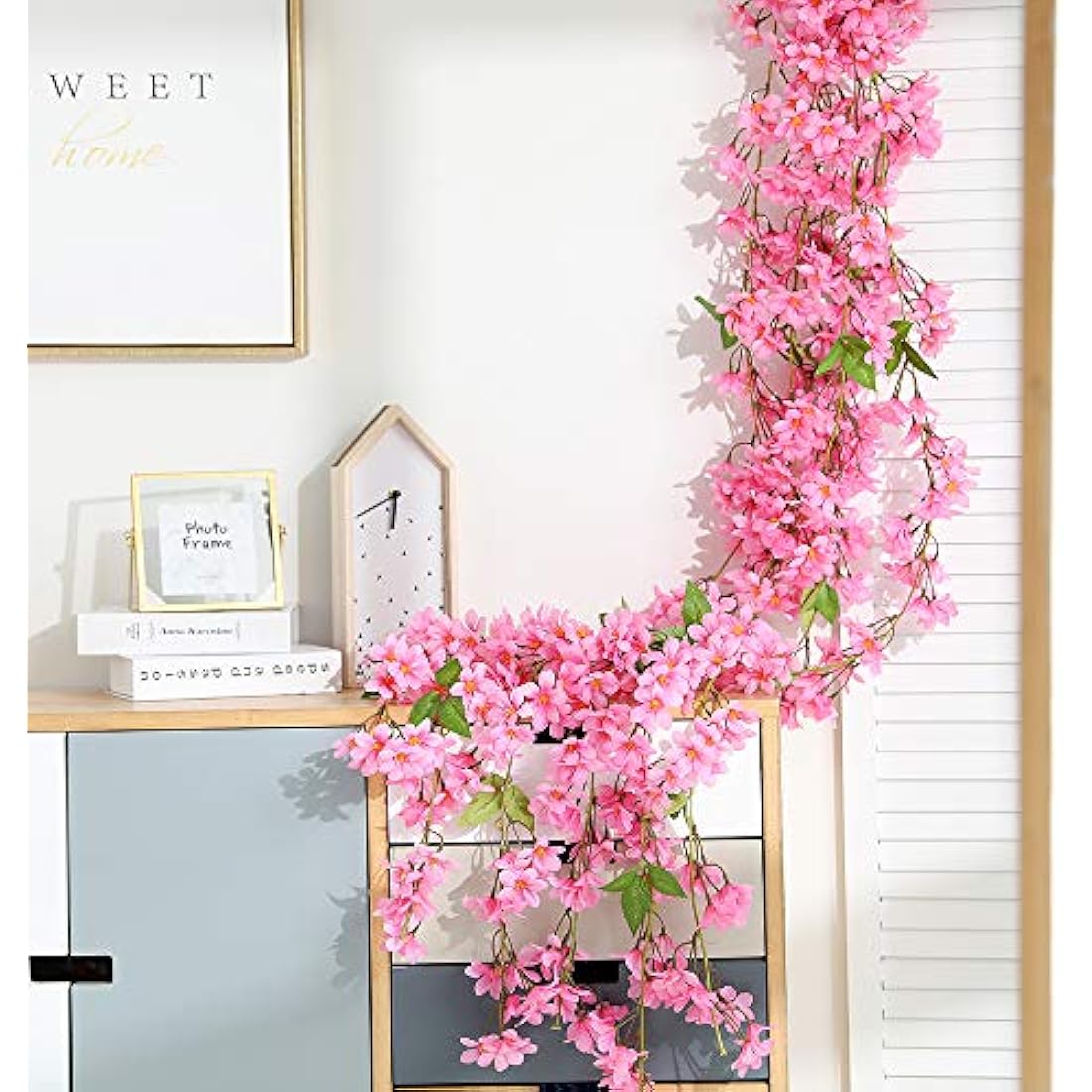 JUSTOYOU 2 Pcs 5.7FT Artificial Flowers Cherry Blossom Sakura Hanging Vine Fake Sakura Garland Fake Oriental Cherry Wreath Home Garden Party Wedding Decor（Rose Red）