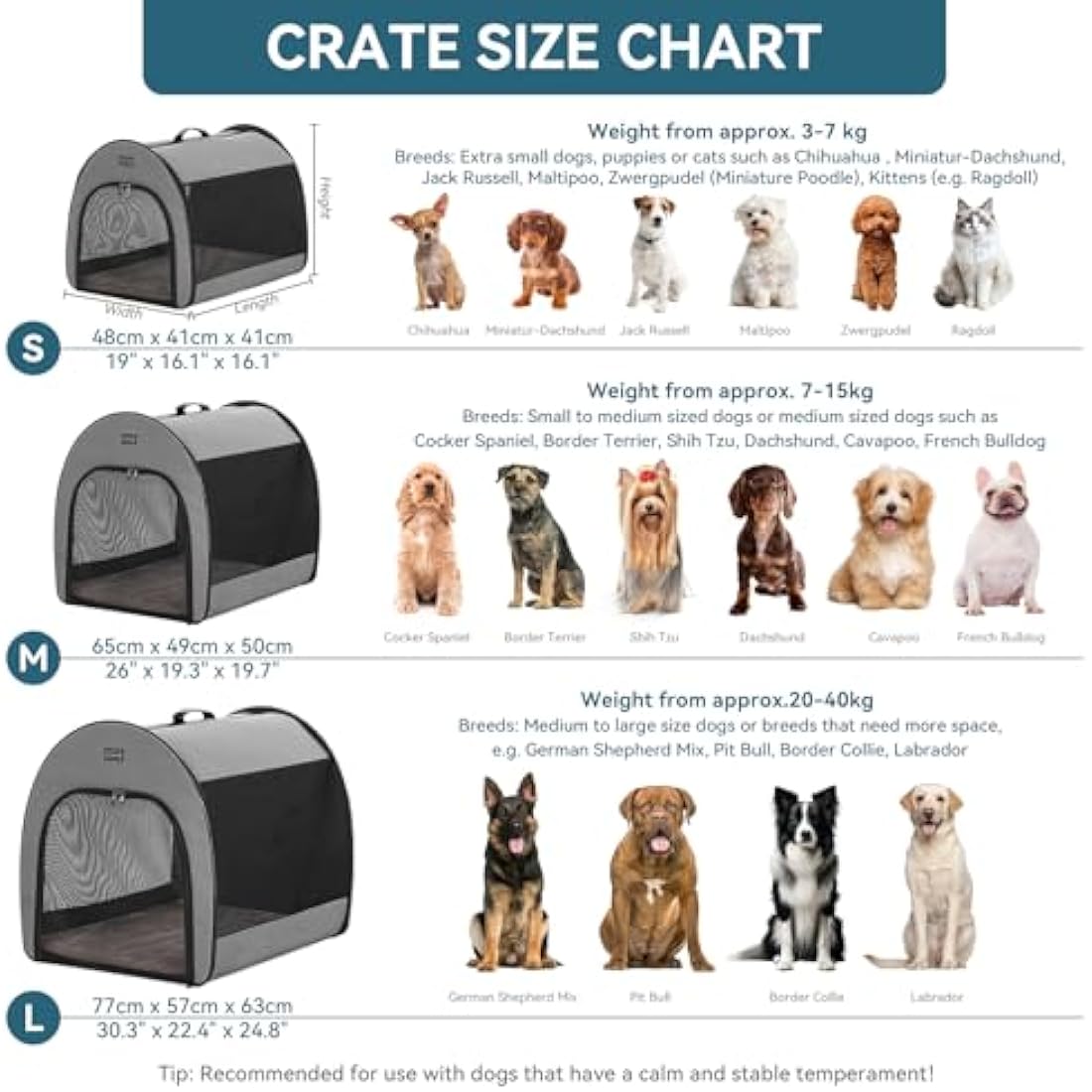 PETSFIT Portable Dog Crate, Dog Travel Crate - 26.5 Inch Lightweight, Roomy, Easy to Set Up, Dog Kennel Indoor with Thick Mat, Sturdy Soft Dog Crate